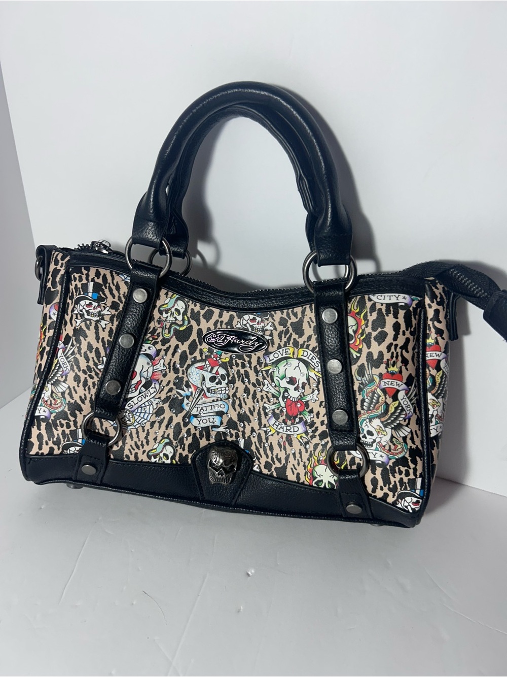 Ed Hardy Leopard Tattoo Graphic Satchel - Black, Tan, Red, Green